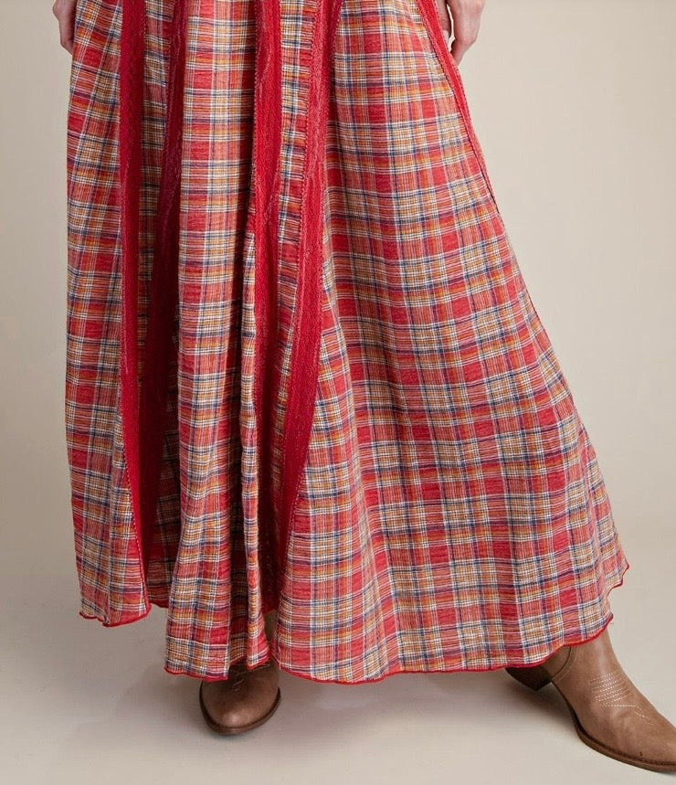 Plaid Mix Lace Trim Skirt