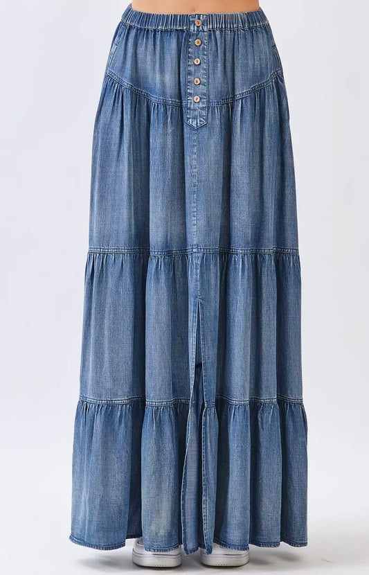 Washed Dark Denim Chambray Button Front Tiered Maxi Skirt