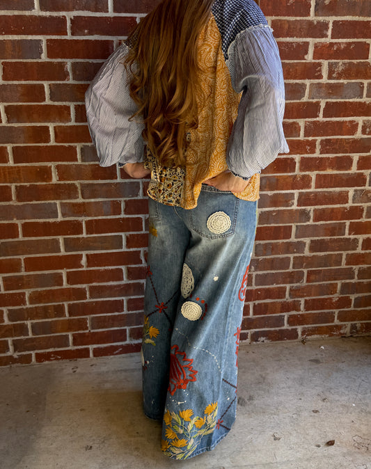 Washed Embroidery Wide Leg Denim Jeans