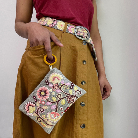 Heather Gray Embroidered Wool Pouch