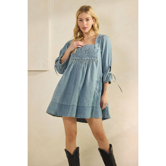 Denim Smocked Babydoll Dress