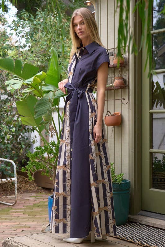 LEOPARD STRIPE CONTRAST PANEL SHIRT DRESS