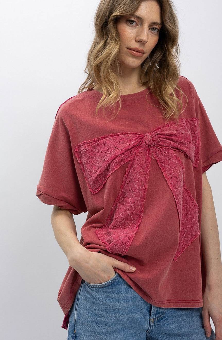 Magenta Short Sleeve Ribbon Shirt