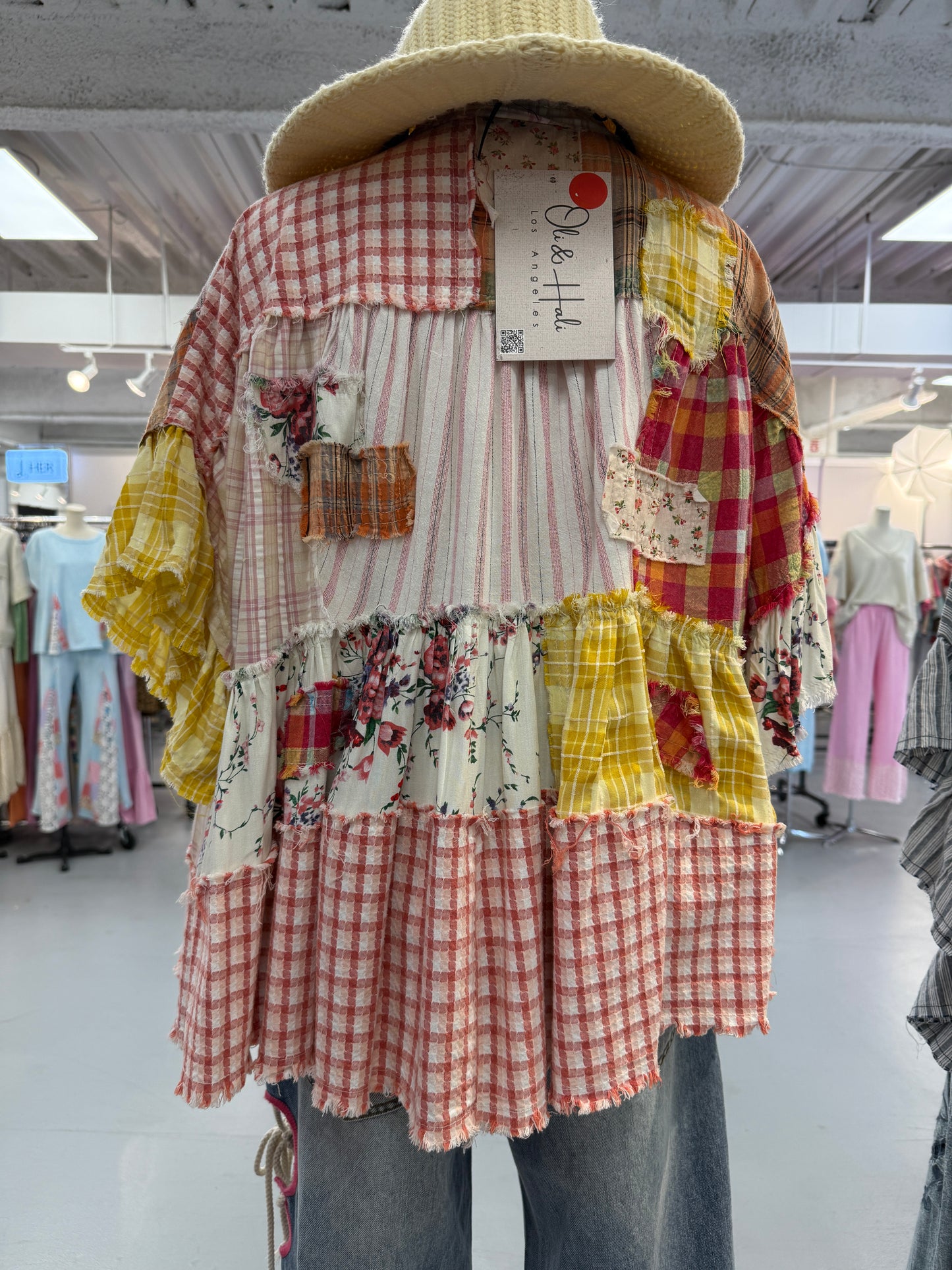 Pink Ruffle Hem Mixed Plaid Top