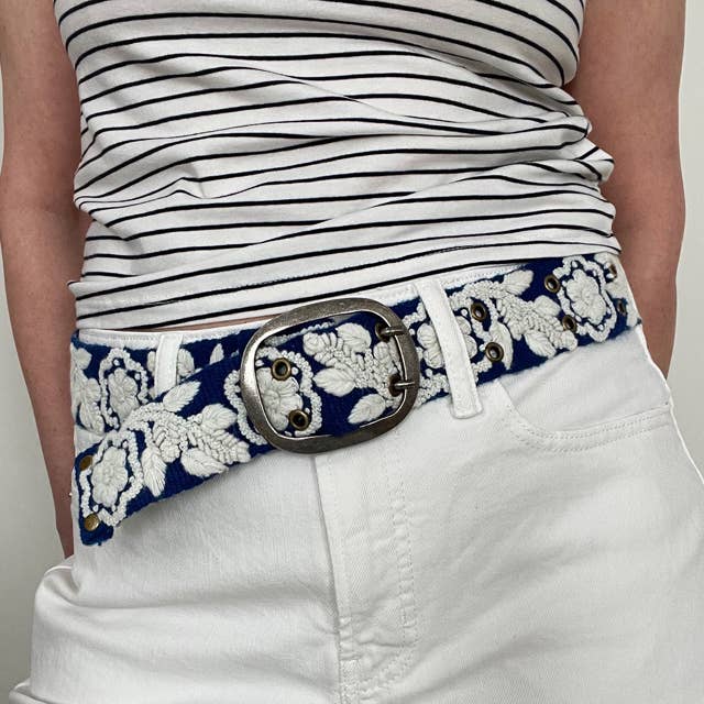 Two-Tone Embroidered Wool Belt, Blue/Cream