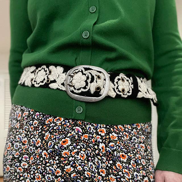 Two-Tone Embroidered Wool Belt, Black/Cream