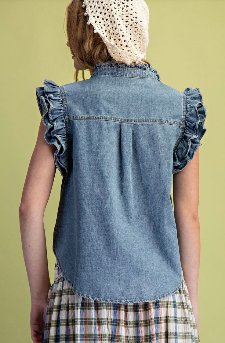 Ruffle Cap Sleeve Denim Shirt