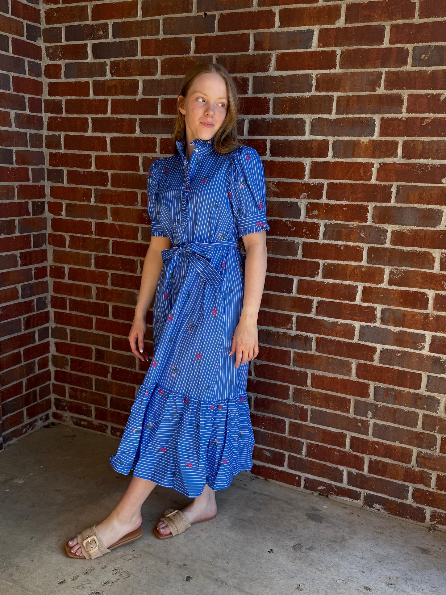 Blue Stripe Midi with Embroidered Flowers