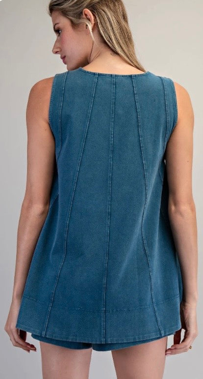 Contrast Topstitch Sleeveless Swing Top