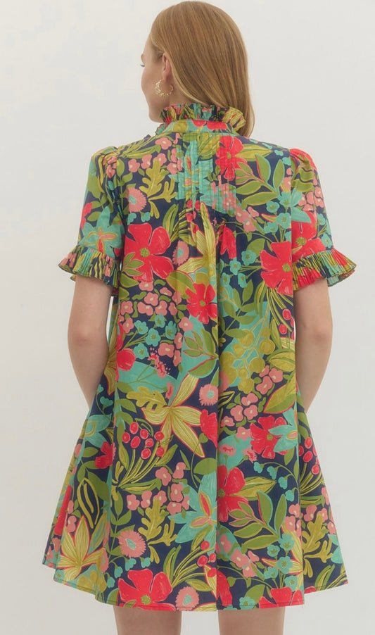 Floral Mini Dress with Pleated Ruffle Detail