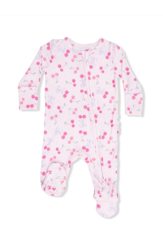 Sweet Bow Cherries 2 Way Ruffle Back Zipper Footie