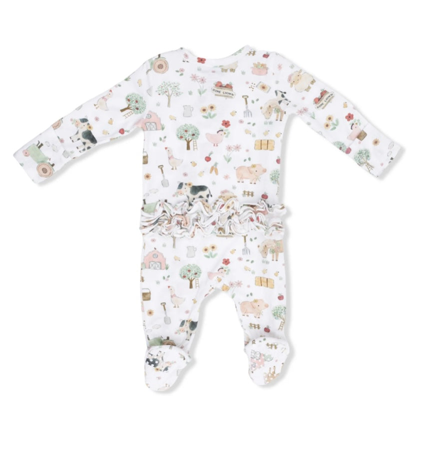 Cute Farm Animals Pink 2 Way Ruffle Back Zipper Footie