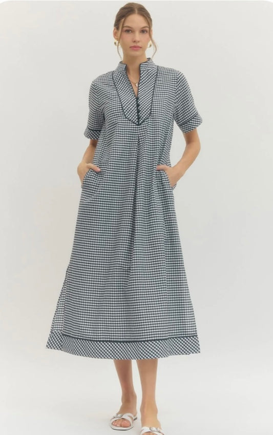 Gingham Midi Dress with Contrasting Detail