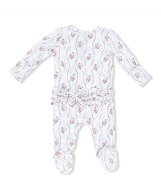 Heirloom Rose Stripe 2 Way Ruffle Back Zipper Footie