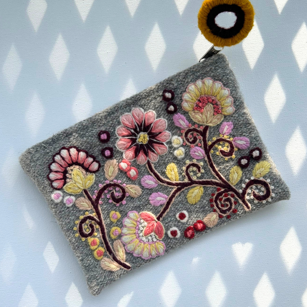 Heather Gray Embroidered Wool Pouch