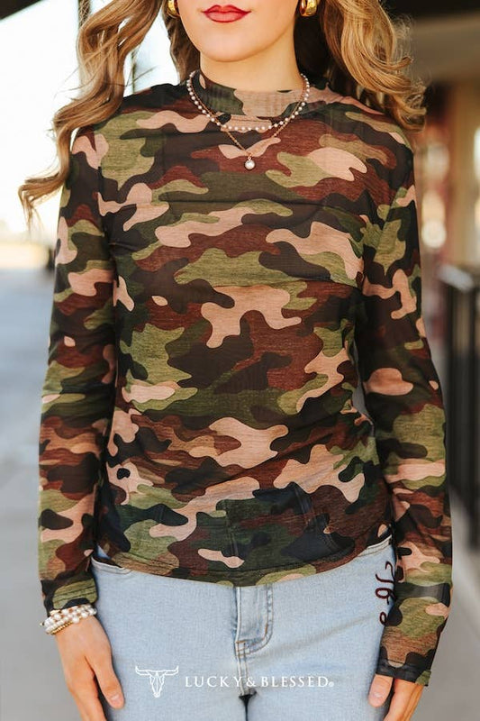 Camo Printed Long Sleeve Mesh Tops
