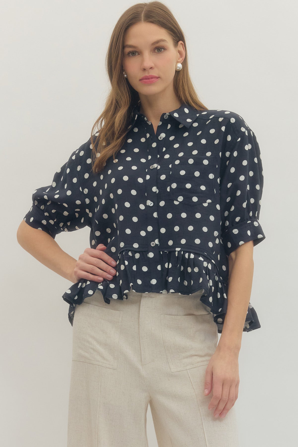 Navy Polka Dot Top with Ruffle Hem