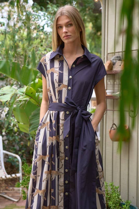 LEOPARD STRIPE CONTRAST PANEL SHIRT DRESS