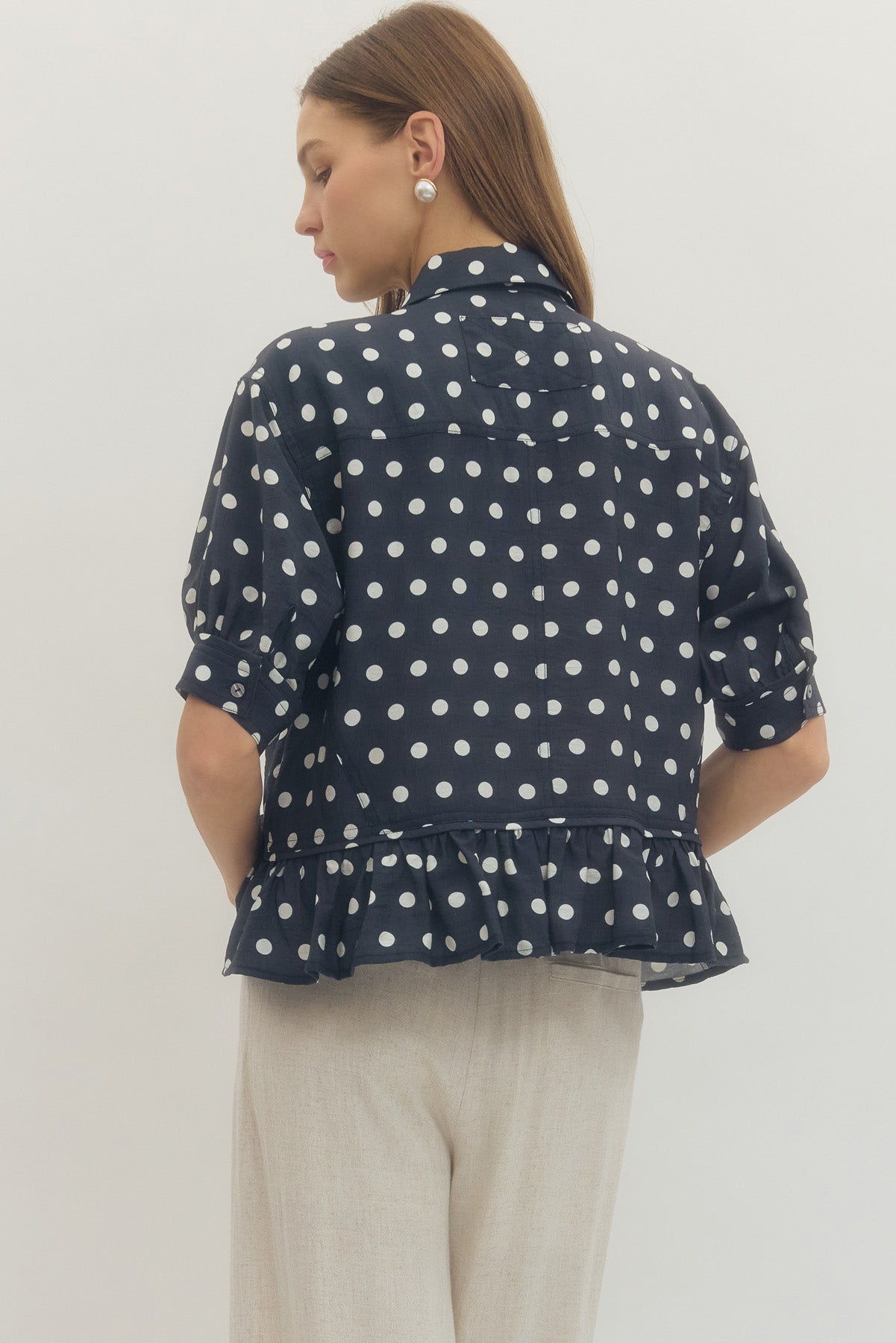 Navy Polka Dot Top with Ruffle Hem