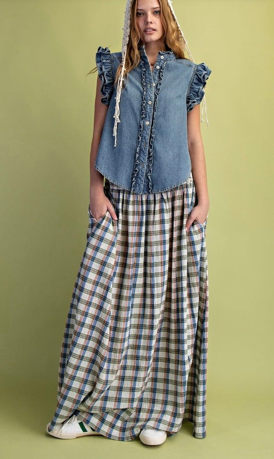 Ruffle Cap Sleeve Denim Shirt
