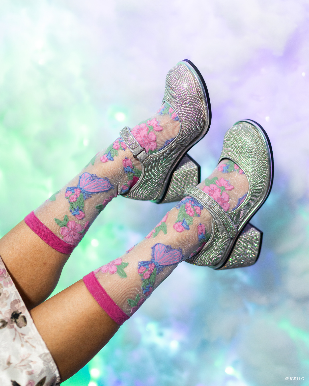 Wicked Glinda Land Butterfly Shimmer Sheer Crew Sock