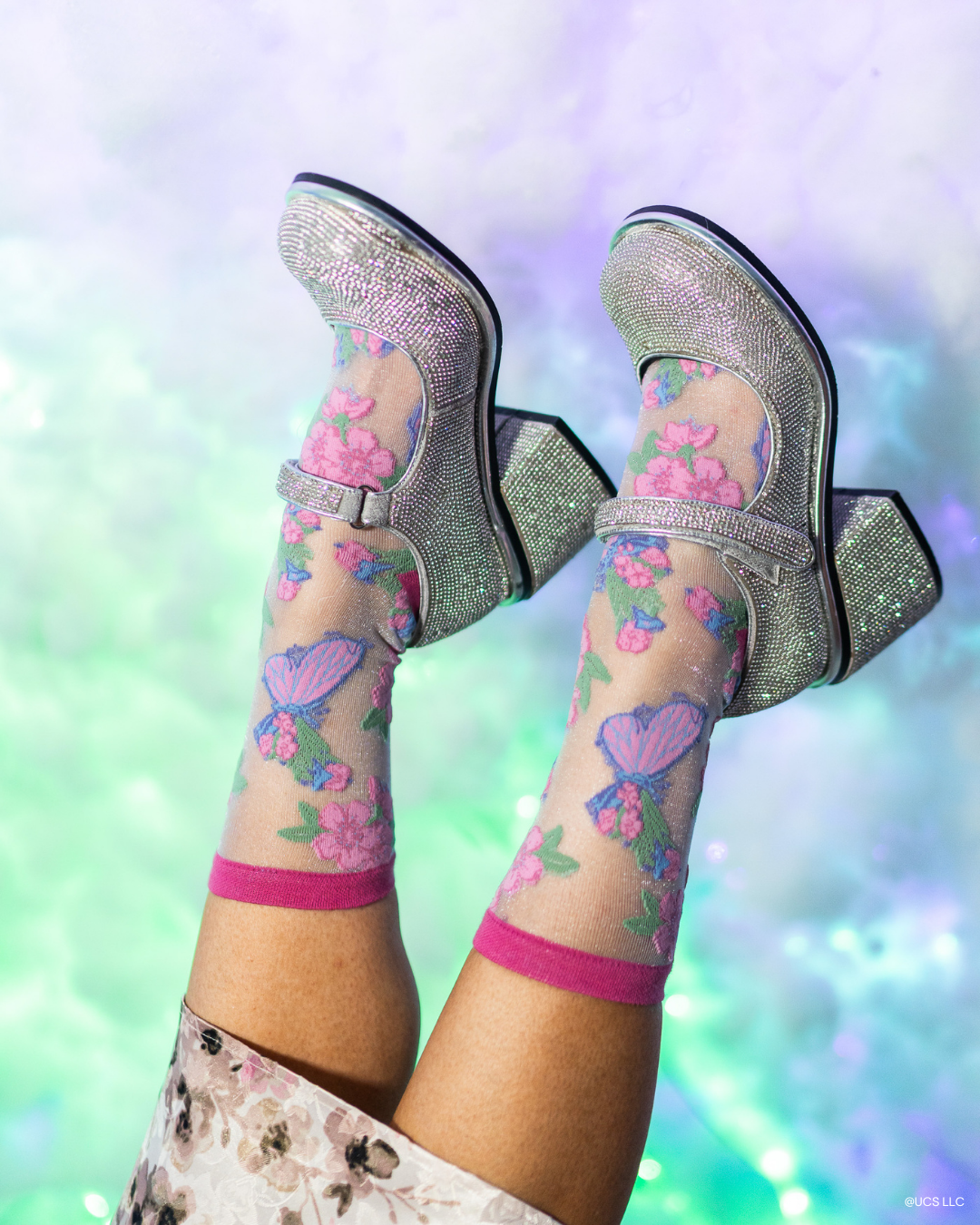 Wicked Glinda Land Butterfly Shimmer Sheer Crew Sock