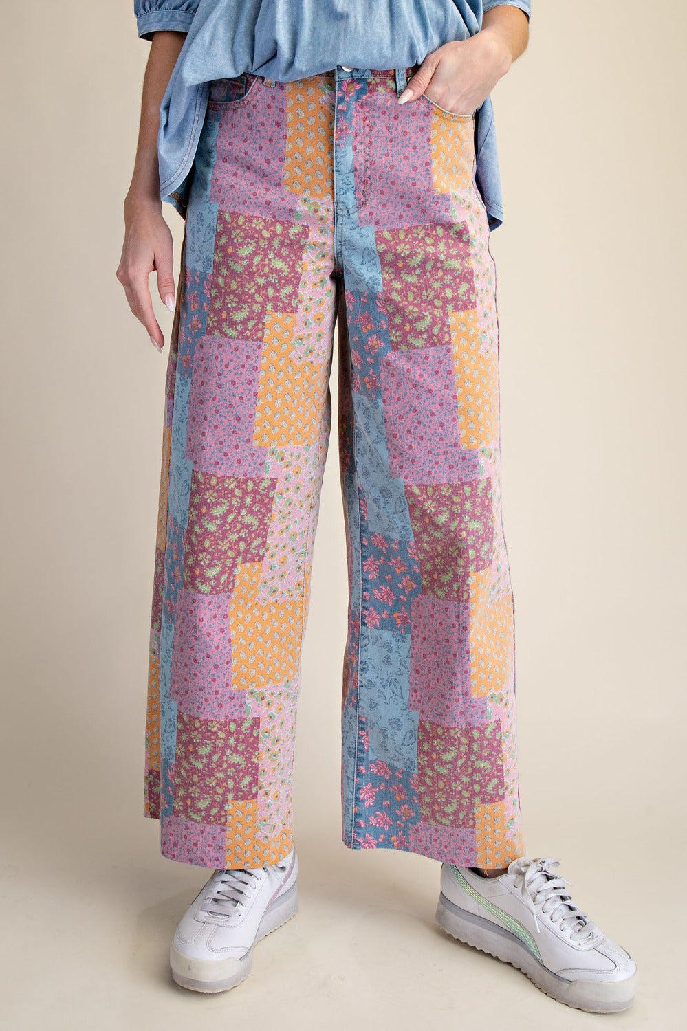 Patchwork Print Twill Pants