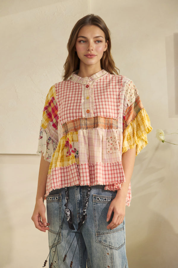 Pink Ruffle Hem Mixed Plaid Top