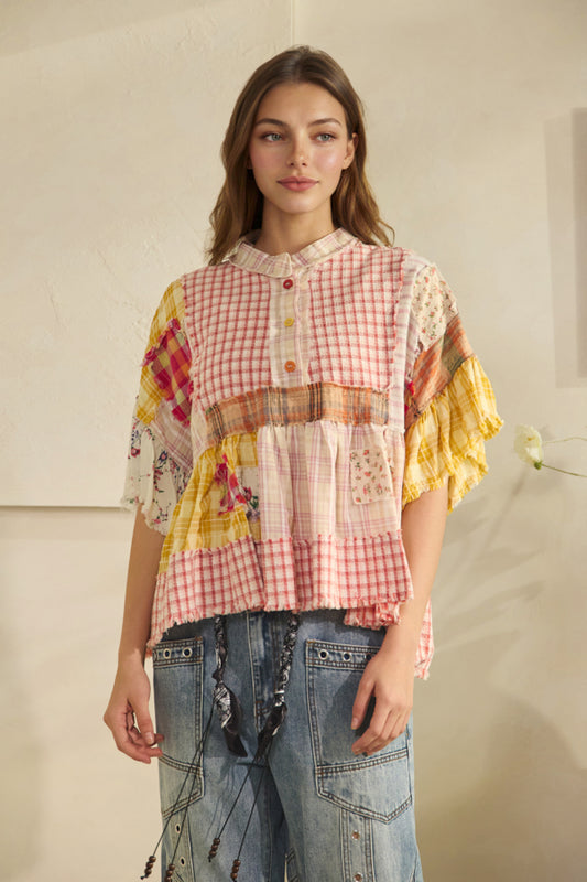 Pink Ruffle Hem Mixed Plaid Top