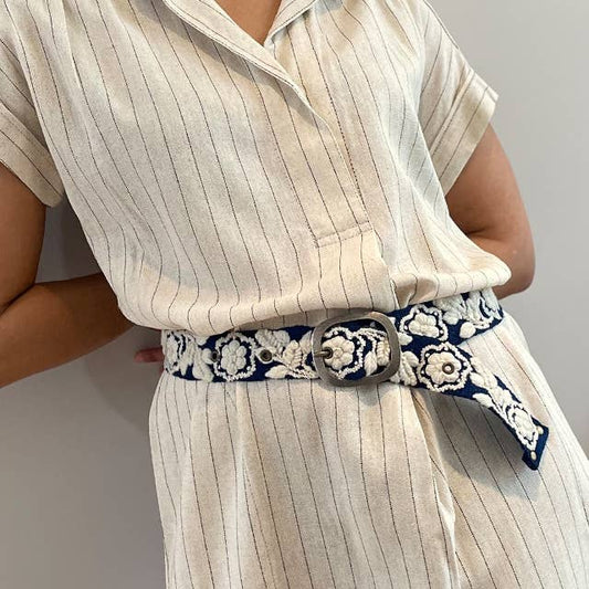 Two-Tone Embroidered Wool Belt, Blue/Cream