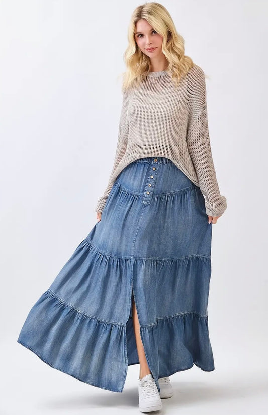 Washed Dark Denim Chambray Button Front Tiered Maxi Skirt