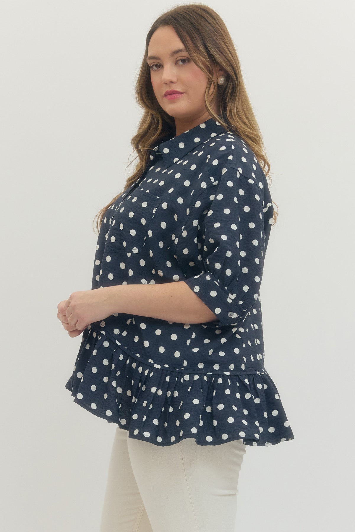 Navy Polka Dot Top with Ruffle Hem
