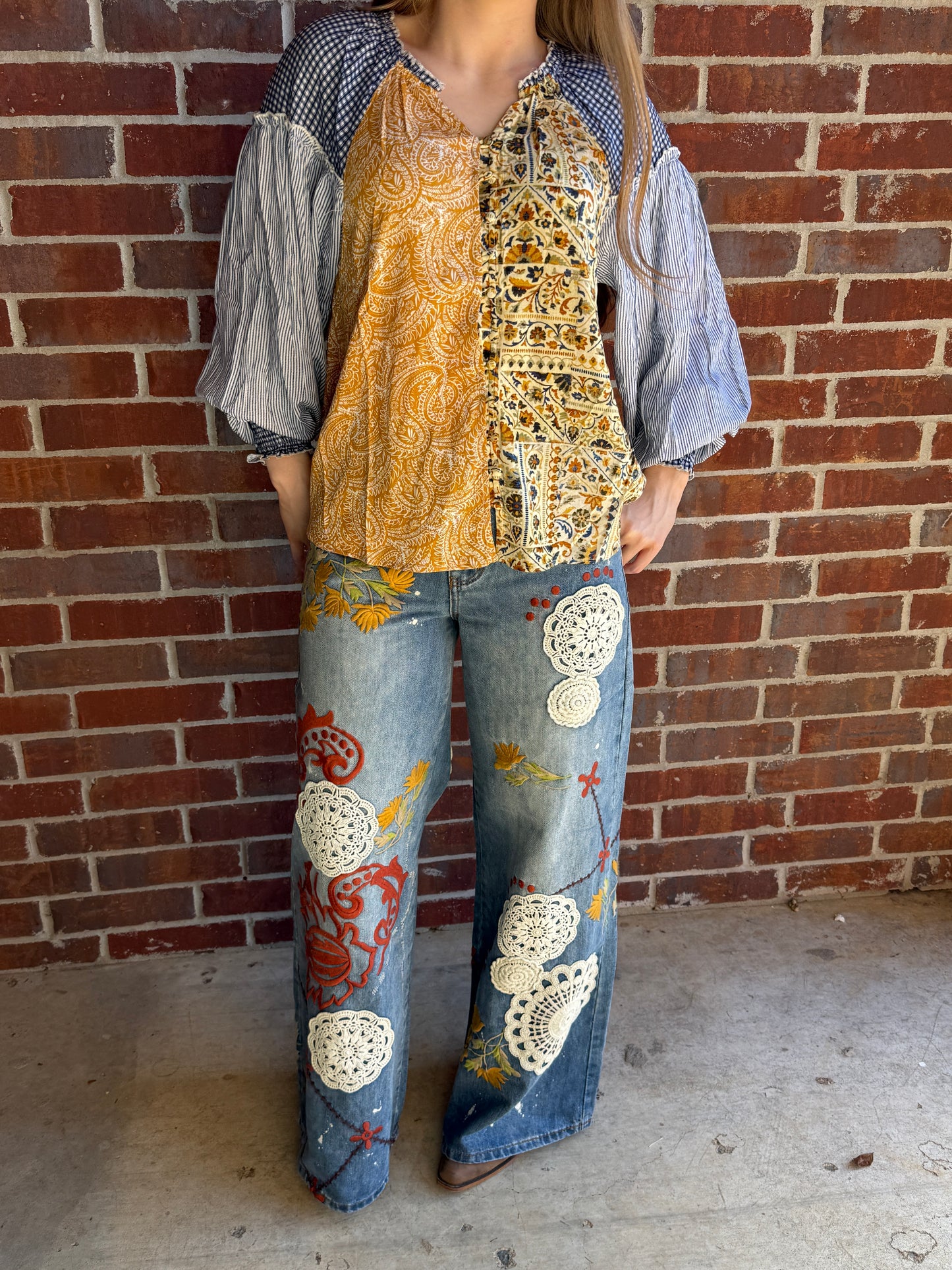 Button Front Multicolored Mixed Blouse