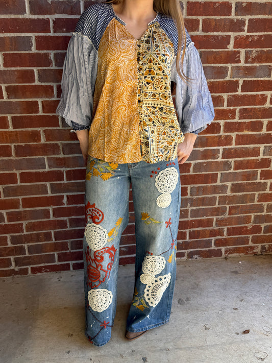 Washed Embroidery Wide Leg Denim Jeans