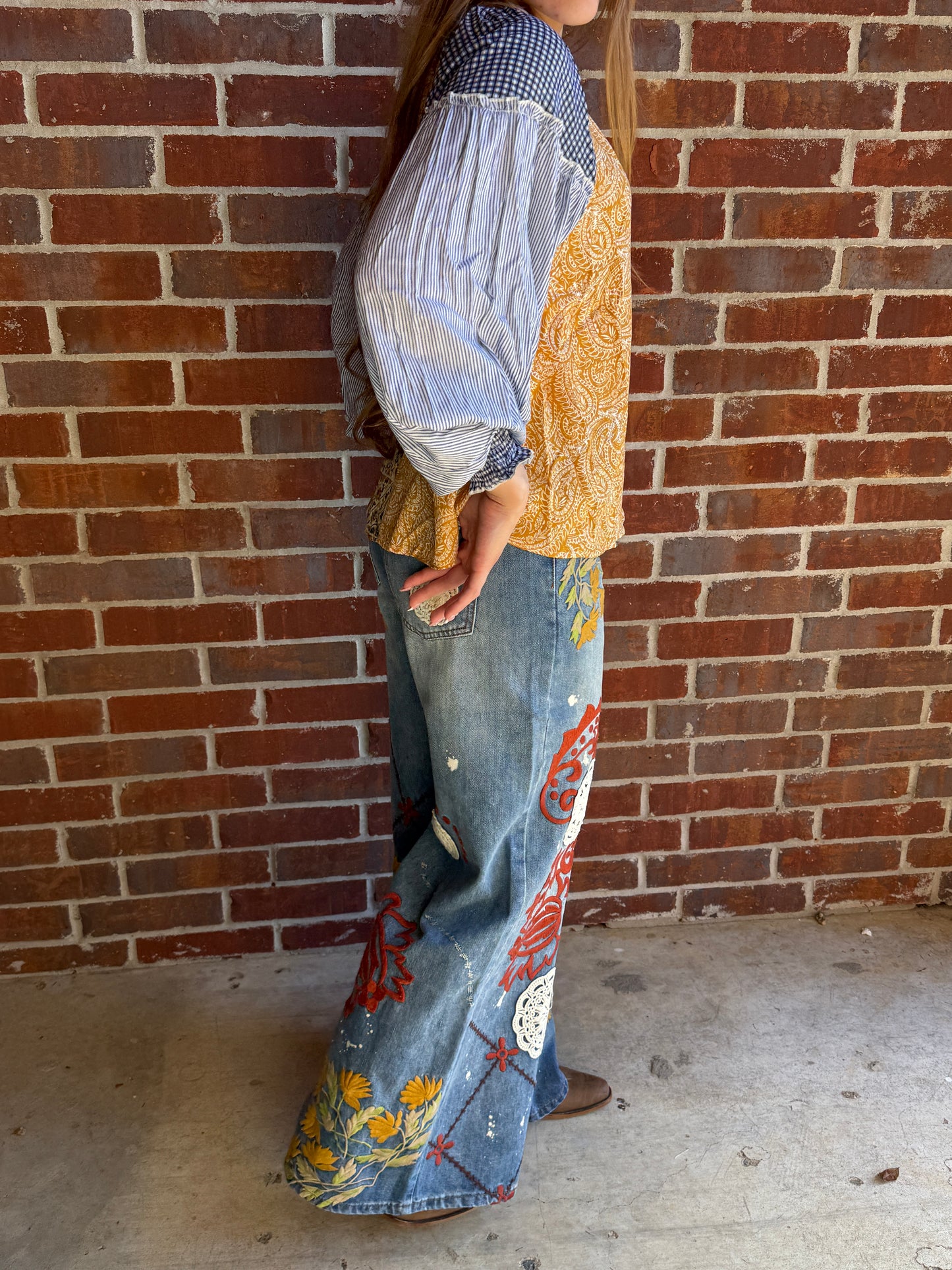 Washed Embroidery Wide Leg Denim Jeans