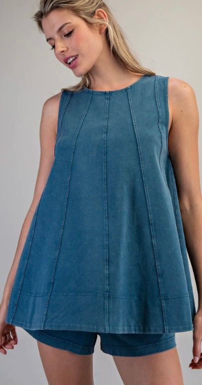 Contrast Topstitch Sleeveless Swing Top