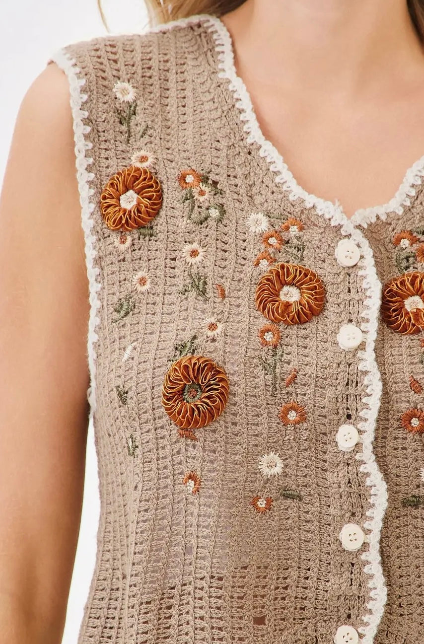 Floral Embroidery Sleeveless Vest Crochet Top
