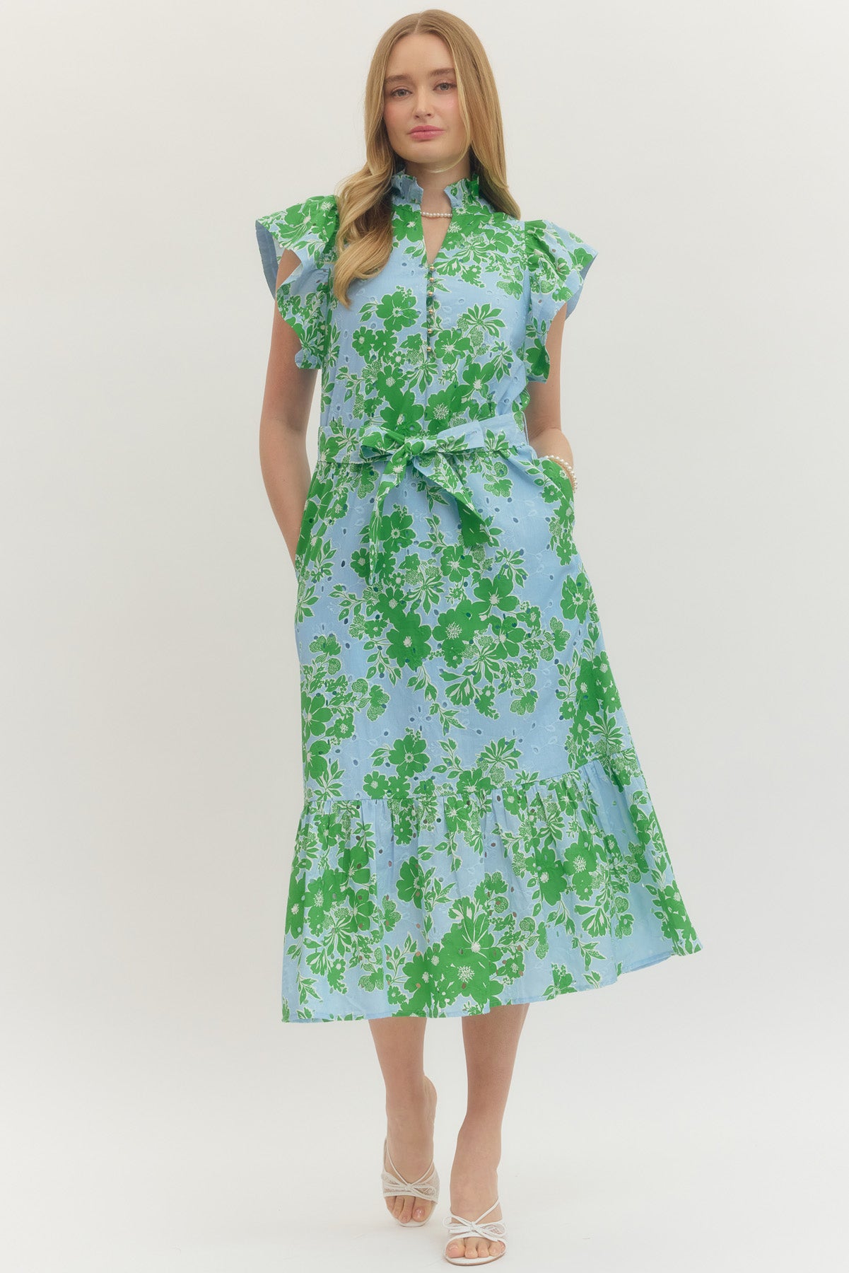 Blue and Green Eyelet Floral Midi Dress