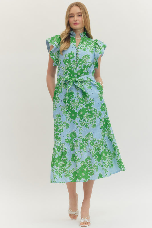 Blue and Green Eyelet Floral Midi Dress