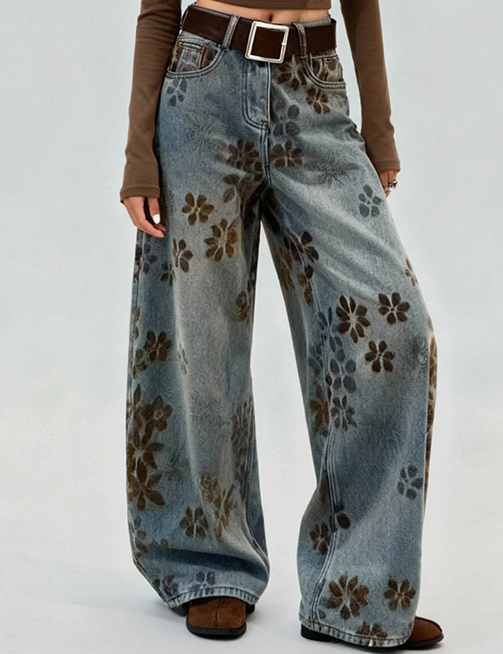 Ladies Floral Print Fleece Lined Wide Leg Denim Pants