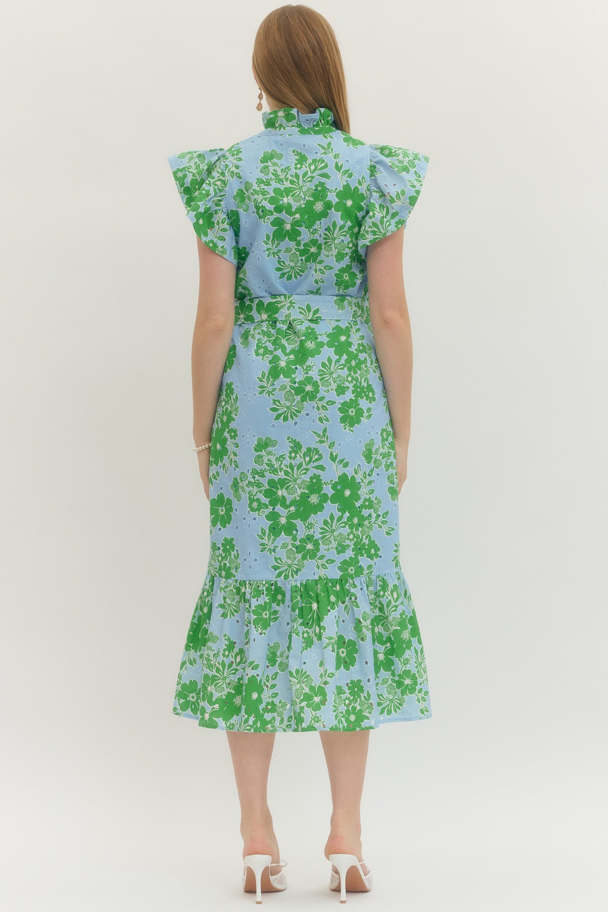 Blue and Green Eyelet Floral Midi Dress