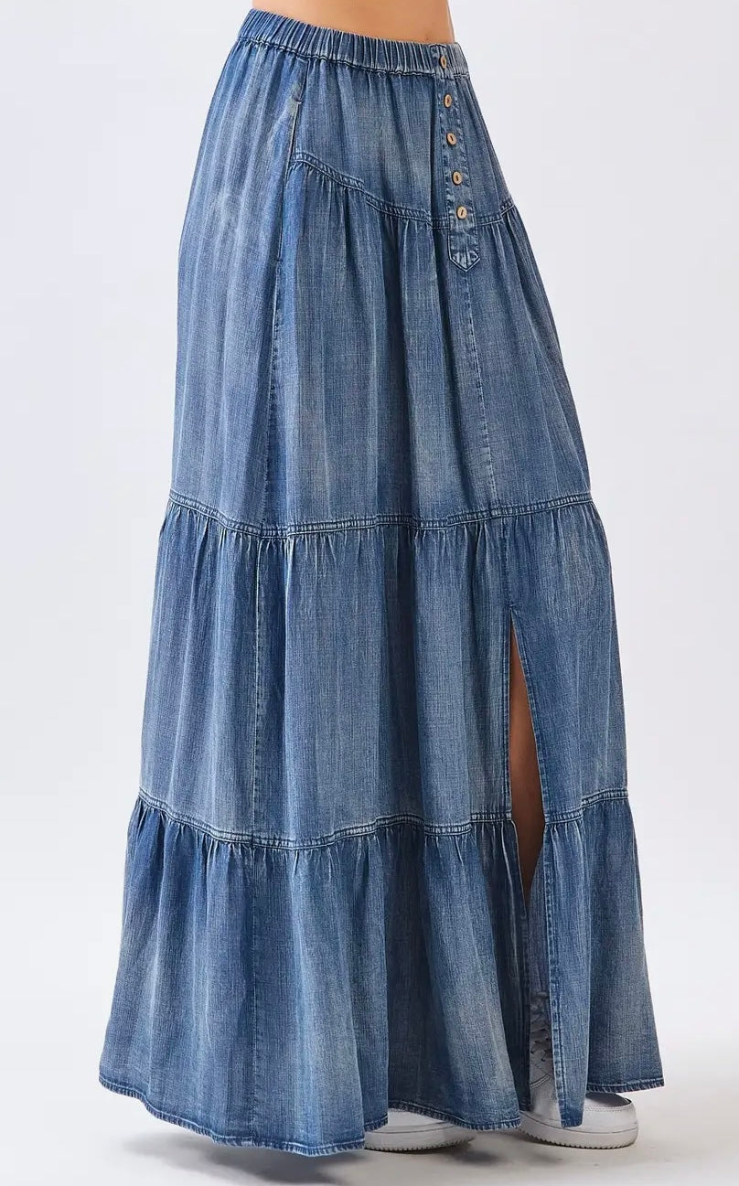 Washed Dark Denim Chambray Button Front Tiered Maxi Skirt