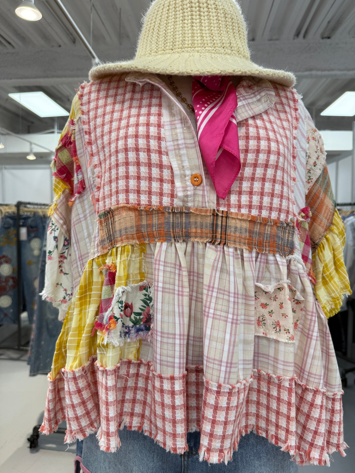 Pink Ruffle Hem Mixed Plaid Top