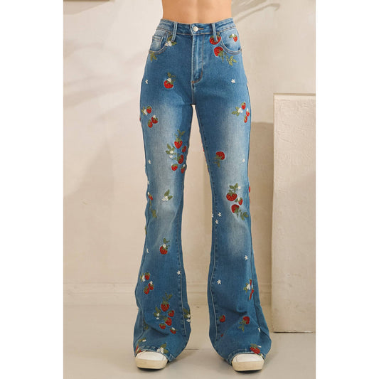 WASHED STRAWBERRY EMBROIDERED DENIM PANTS