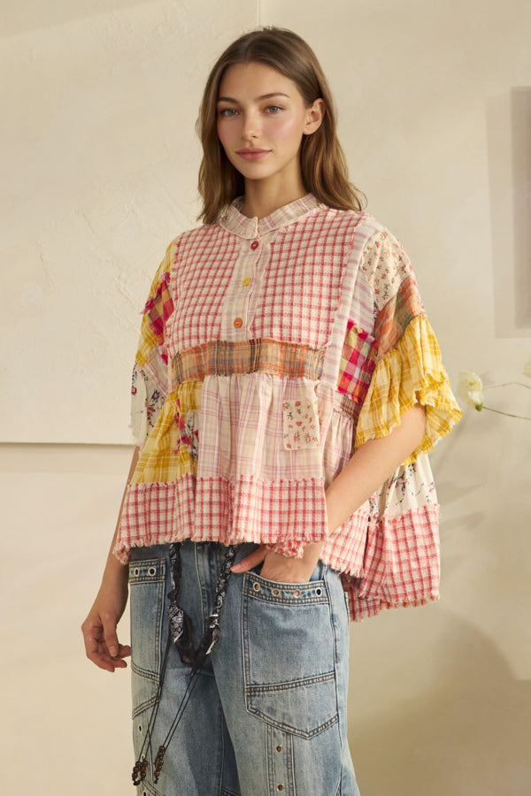 Pink Ruffle Hem Mixed Plaid Top