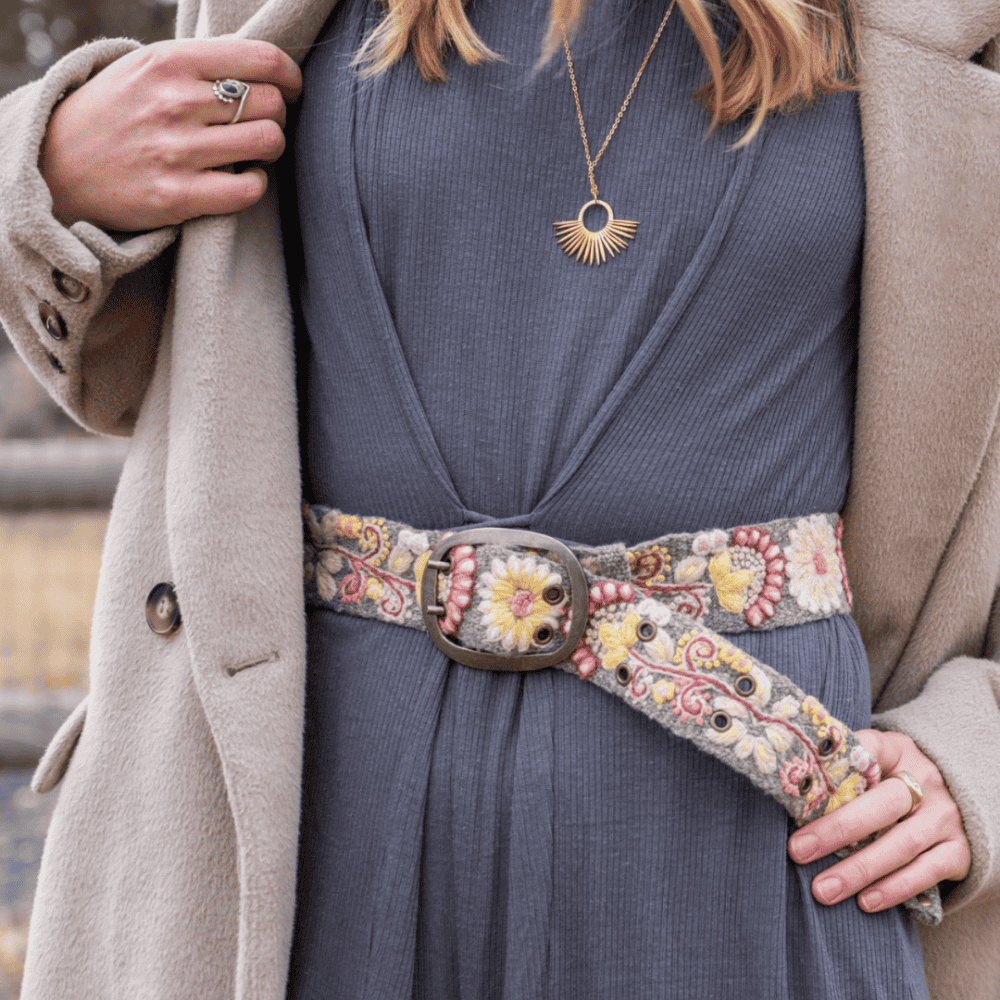Heather Gray Floral Embroidered Wool Belt