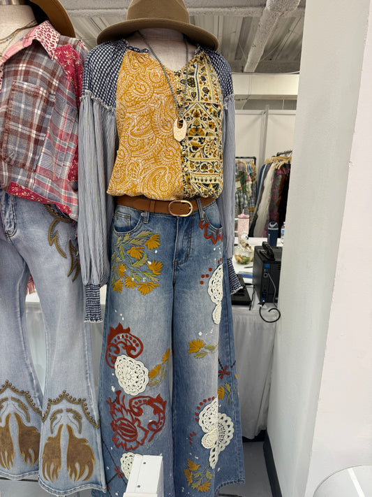 Button Front Multicolored Mixed Blouse
