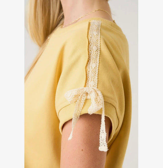 Lace Striped Bow Shortsleeve Sweatshirt