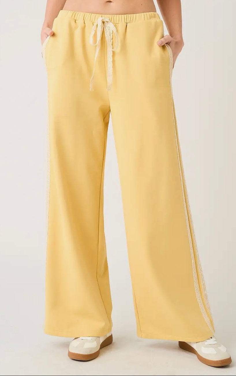 Lace Striped Elastic Waist Terry Sweatpants