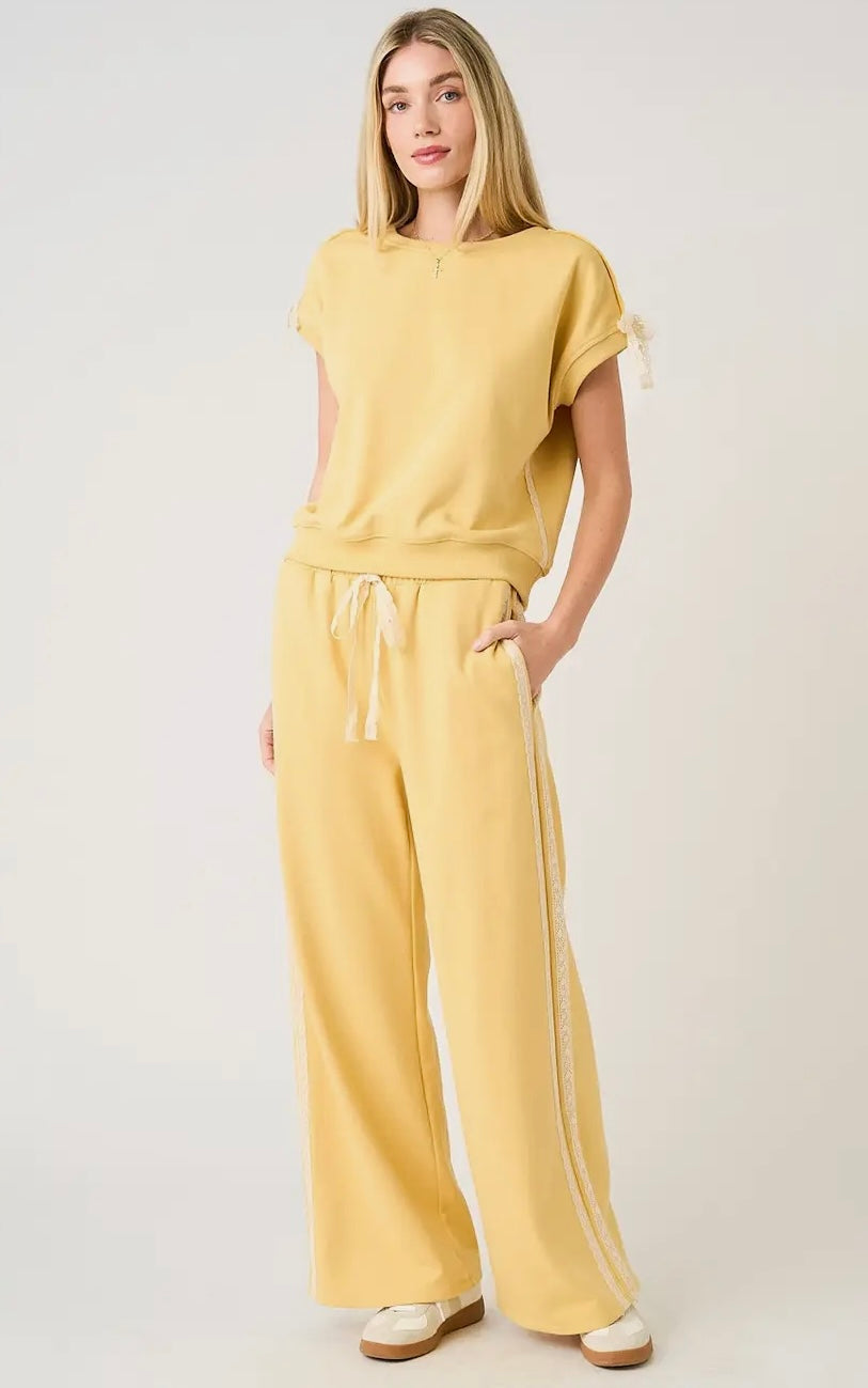 Lace Striped Elastic Waist Terry Sweatpants